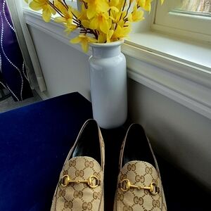 Gucci Beige Monogram Canvas Horsebit Loafers with Gold Hardware